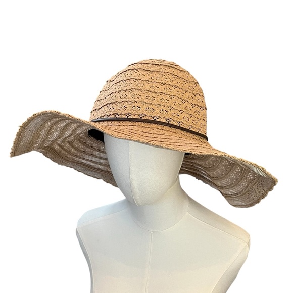 NWT Packable woven wide brim sun hat with wired brim faux leather band tan brown - Picture 7 of 14